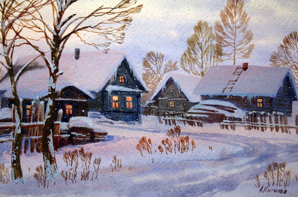 Рисунок зима в деревне